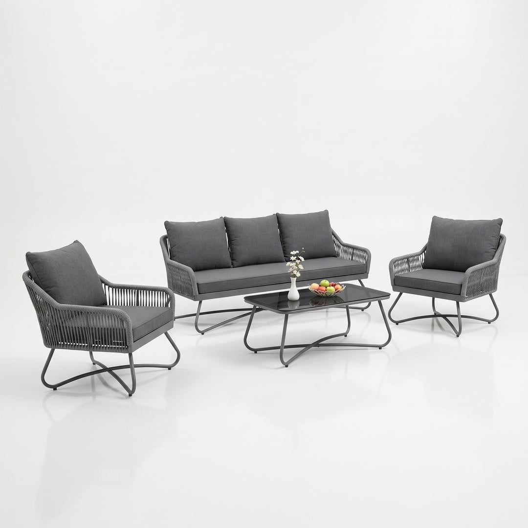 Kismet Outdoor Sofa Set 3 Seater, 2 Single seater and 1 Center Table (Grey) Braided & Rope