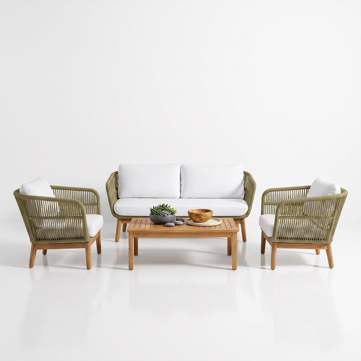 Gala Outdoor Garden Balcony Sofa Set 2 Seater , 2 Single Seater 1 Center Table Set (Cream) Teak Wood and Braided & Rope