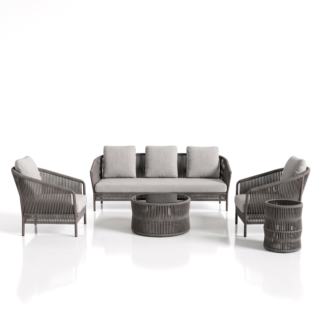 Madaki Outdoor Garden Balcony Sofa Set 3 Seater , 2 Single Seater and 1 Center Table & 1 Side Table Set, Braid & Rope (Grey)