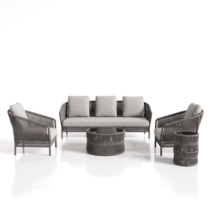 Madaki Outdoor Garden Balcony Sofa Set 3 Seater , 2 Single Seater and 1 Center Table & 1 Side Table Set, Braid & Rope (Grey)