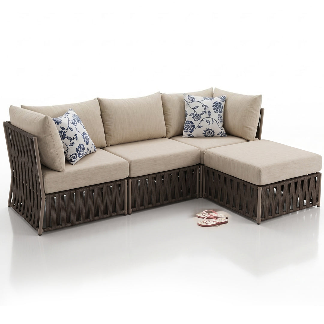Adán Outdoor Sofa Set 3 Seater and 1 Center Table Set Braided & Rope