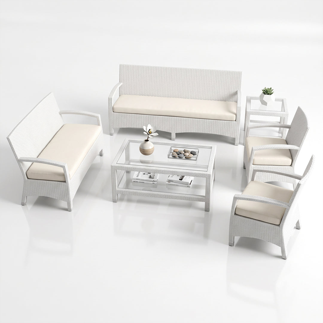 Hudson Outdoor Garden Balcony Sofa Set 3 Seater, 2 Seater With 2 Single Seater and 1 Center Table With 1 Side Table Set (White)
