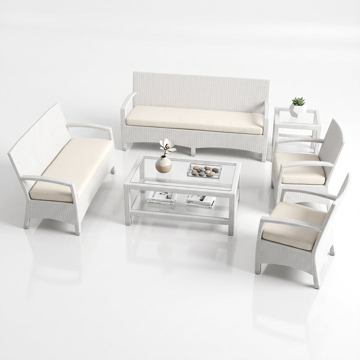 Hudson Outdoor Garden Balcony Sofa Set 3 Seater, 2 Seater With 2 Single Seater and 1 Center Table With 1 Side Table Set (White)