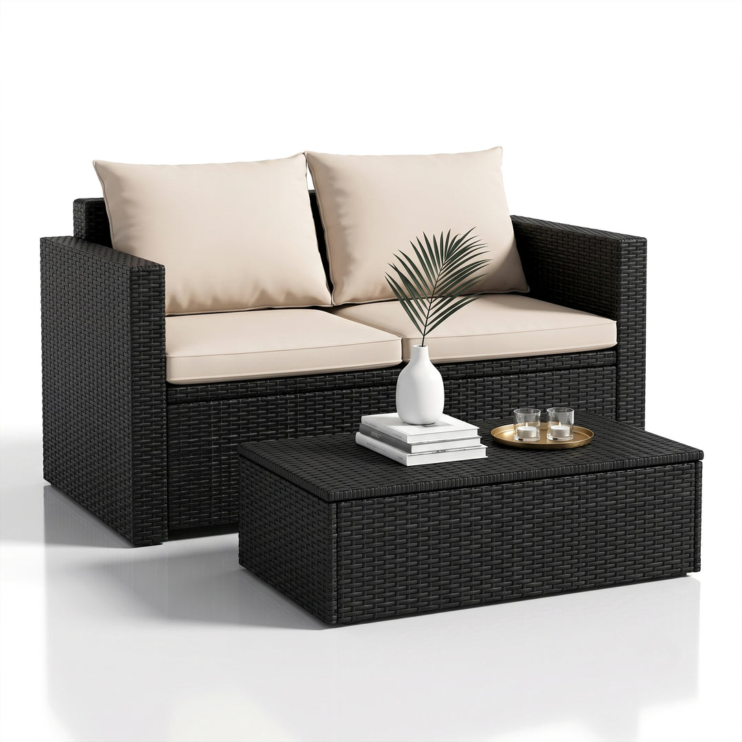 Girolamo Outdoor Sofa Set 2 Seater and 1 Center Table (Black + Beige)