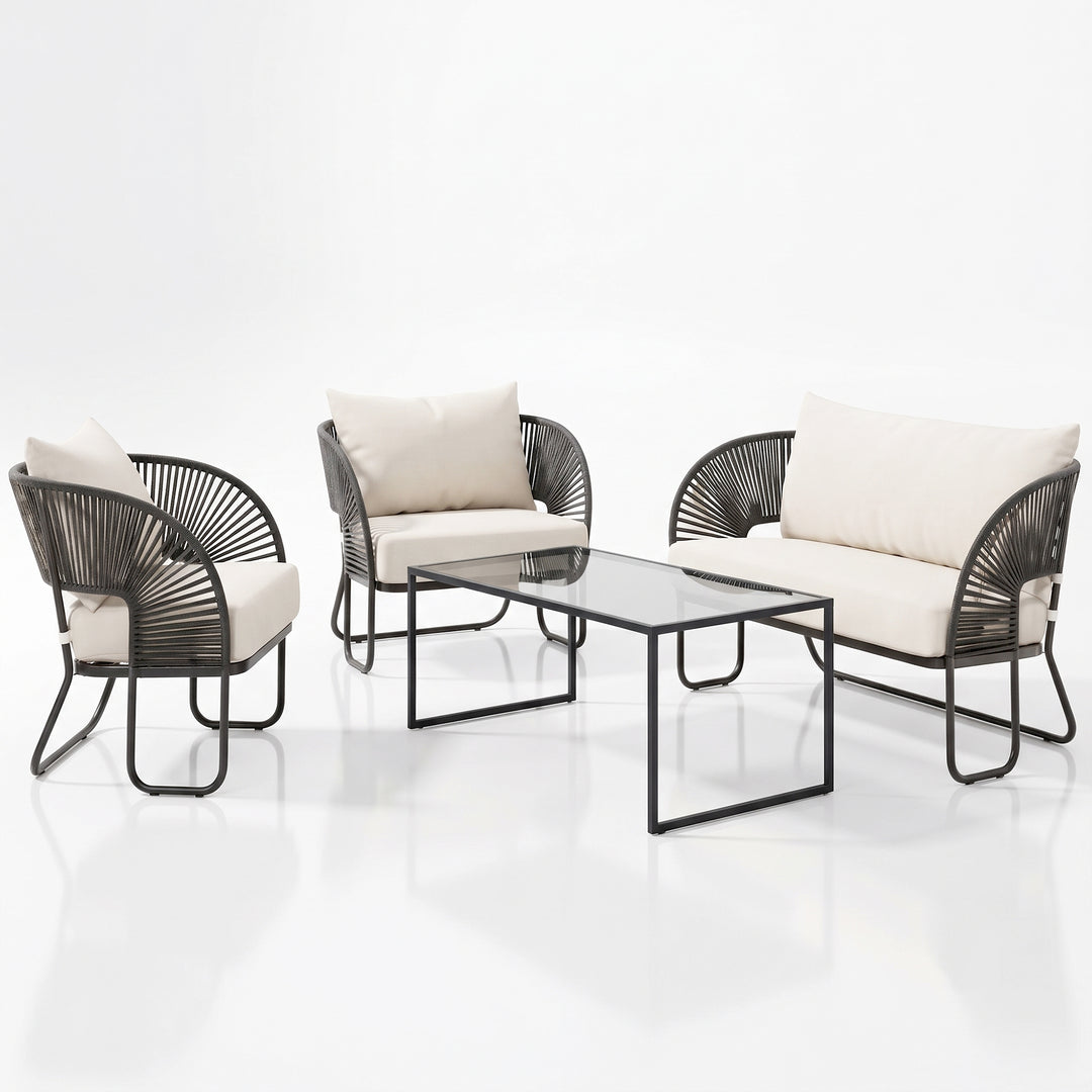 Lucas Outdoor Sofa Set 2 Seater , 2 Single seater and 1 Center Table Set (Black) Braided & Rope