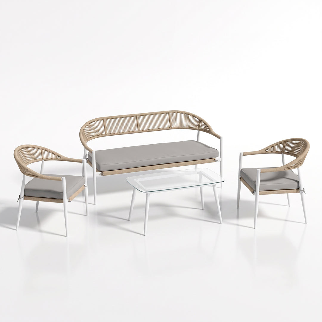 Marianela Outdoor Sofa Set 2 Seater, 2 Single seater and 1 Center Table Set (White) Braided & Rope