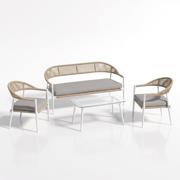 Marianela Outdoor Sofa Set 2 Seater, 2 Single seater and 1 Center Table Set (White) Braided & Rope