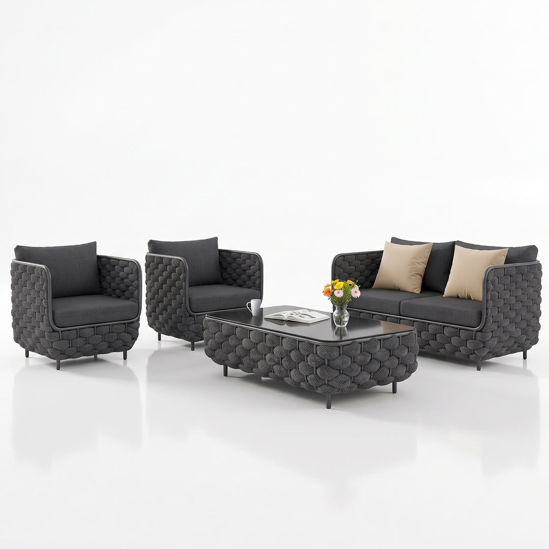 Fepel Outdoor Garden Balcony Sofa Set 2 Seater, 2 Single seater and 1 Center Table Set, Braid & Rope