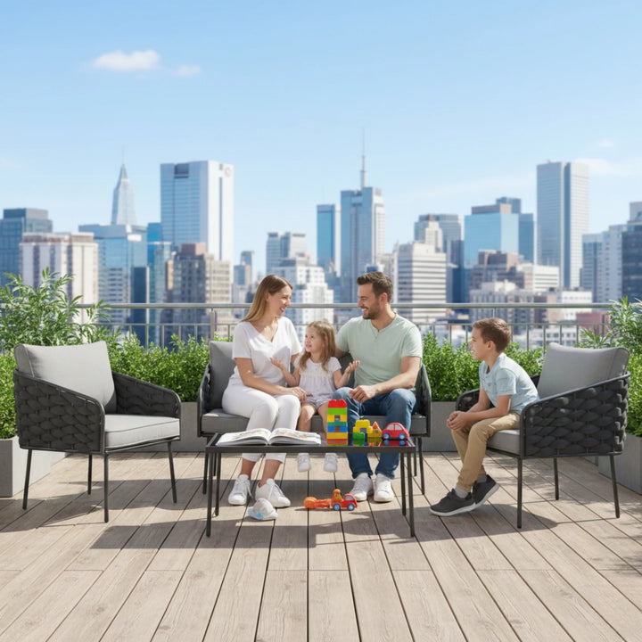 Mirra Outdoor Garden Balcony Sofa Set 2 Seater , 2 Single Seater 1 Center Table Set (Grey) Braided and Rope