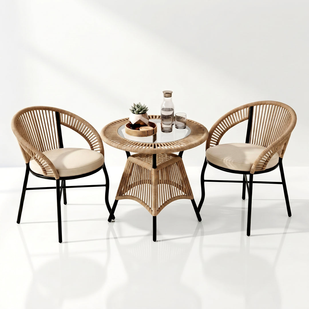 Sedan Outdoor Patio Seating Set 2 Chairs and 1 Table Set Braided & Rope