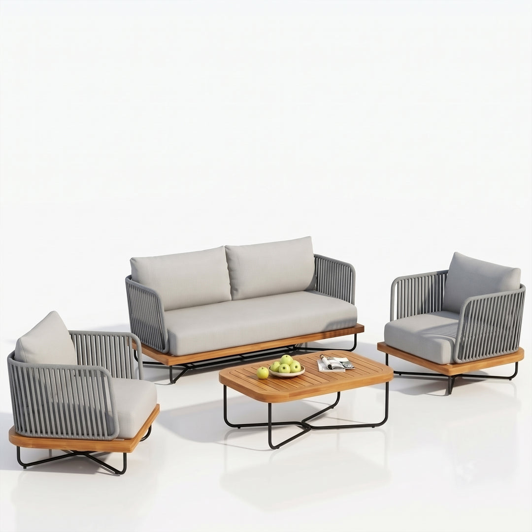 Eros Outdoor Garden Balcony Sofa Set 2 Seater , 2 Single Seater 1 Center Table Set Braided and Rope (Grey)
