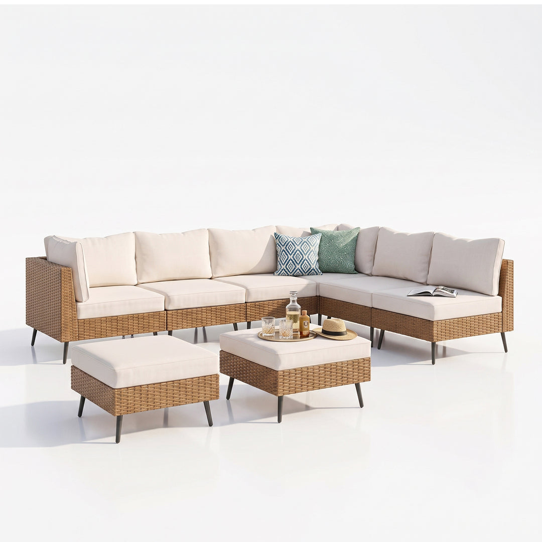 Ammar Outdoor Sofa Set 6 Seater and Single Seater with 2 Ottoman Set (Beige)