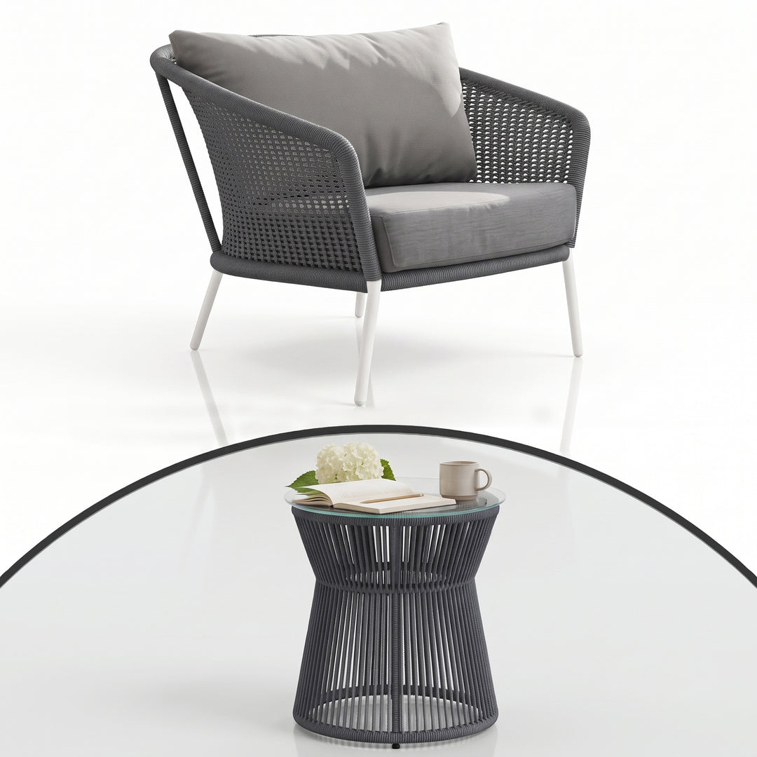 Aid Outdoor Patio Seating Set Single Chair and 1 Side Table Set (Grey) Braided & Rope