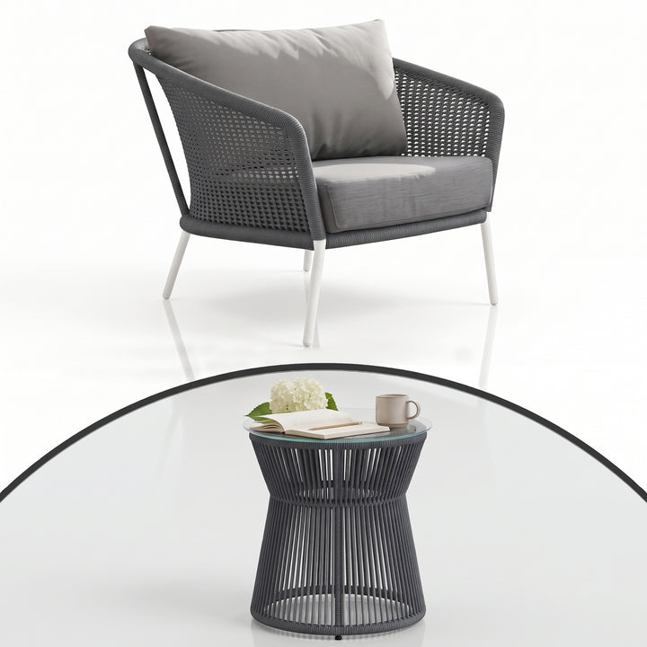 Aid Outdoor Patio Seating Set Single Chair and 1 Side Table Set (Grey) Braided & Rope