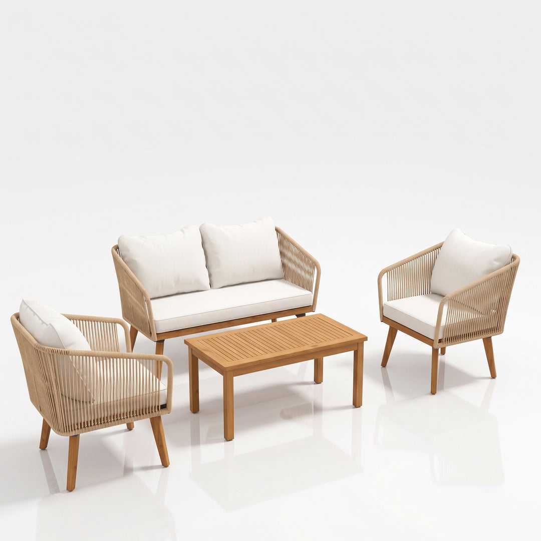 Eolia Outdoor Garden Balcony Sofa Set 2 Seater , 2 Single Seater 1 Center Table Set (Cream) Teak Wood and Braided & Rope