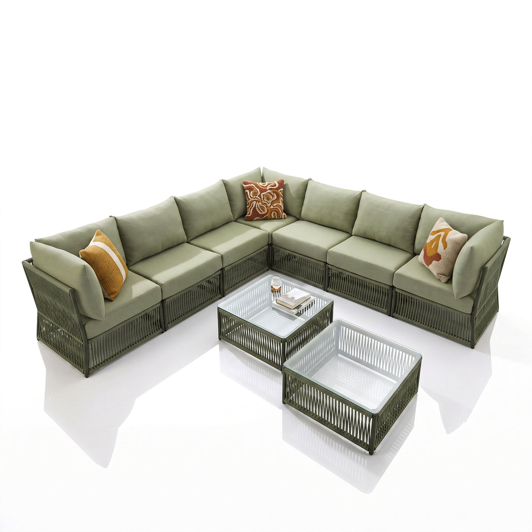 Deifilia Outdoor Sofa Set 7 Seater and 2 Center Table Set (Green) Braided & Rope