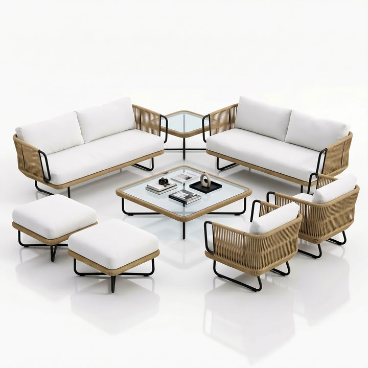 Hancy Outdoor Sofa Set 6 Seater , 2 Ottoman and 1 Center Table + 1 side table Set  (Tan + Beige) Braided & Rope