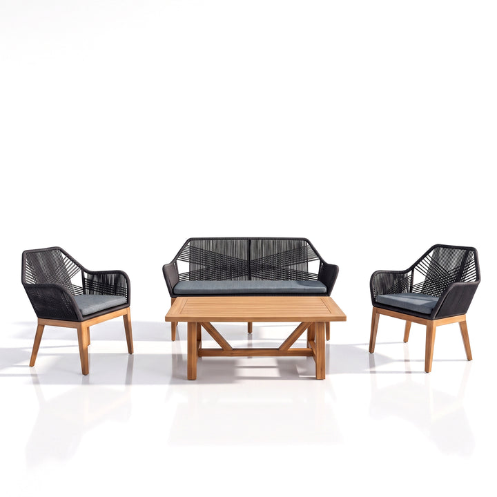 Cybella Outdoor Garden Balcony Sofa Set 2 Seater , 2 Single Seater 1 Center Table Set (Black) Braided and Rope