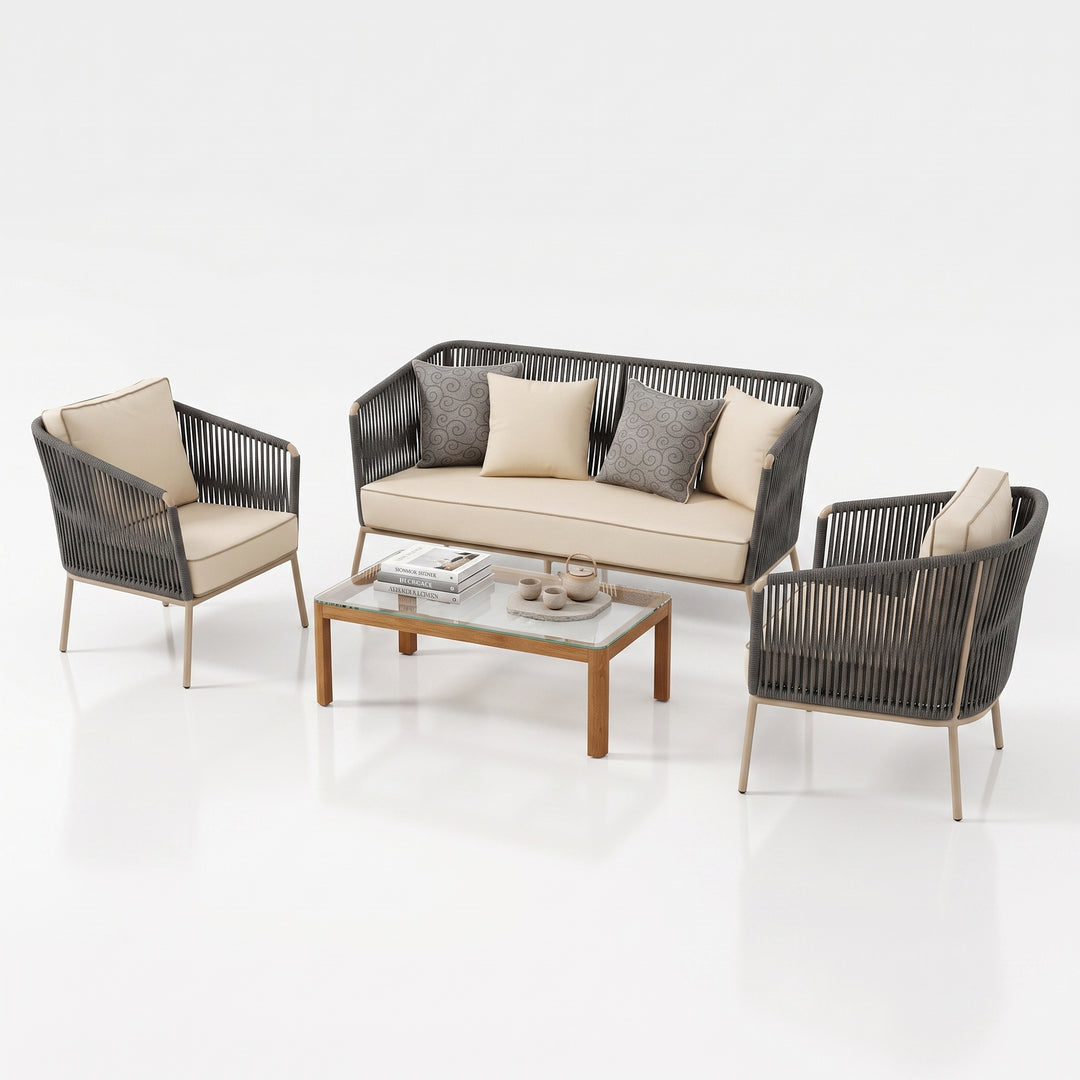 Ciro Outdoor Sofa Set 2 Seater , 2 Single seater and 1 Center Table (Dark Grey + Beige) Braided & Rope