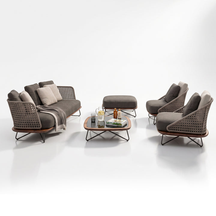 Alano Outdoor Garden Balcony Sofa Set 3 Seater, 2 Single Seater 1 Ottoman and 1 Center Table Set Braid & Rope (Grey)