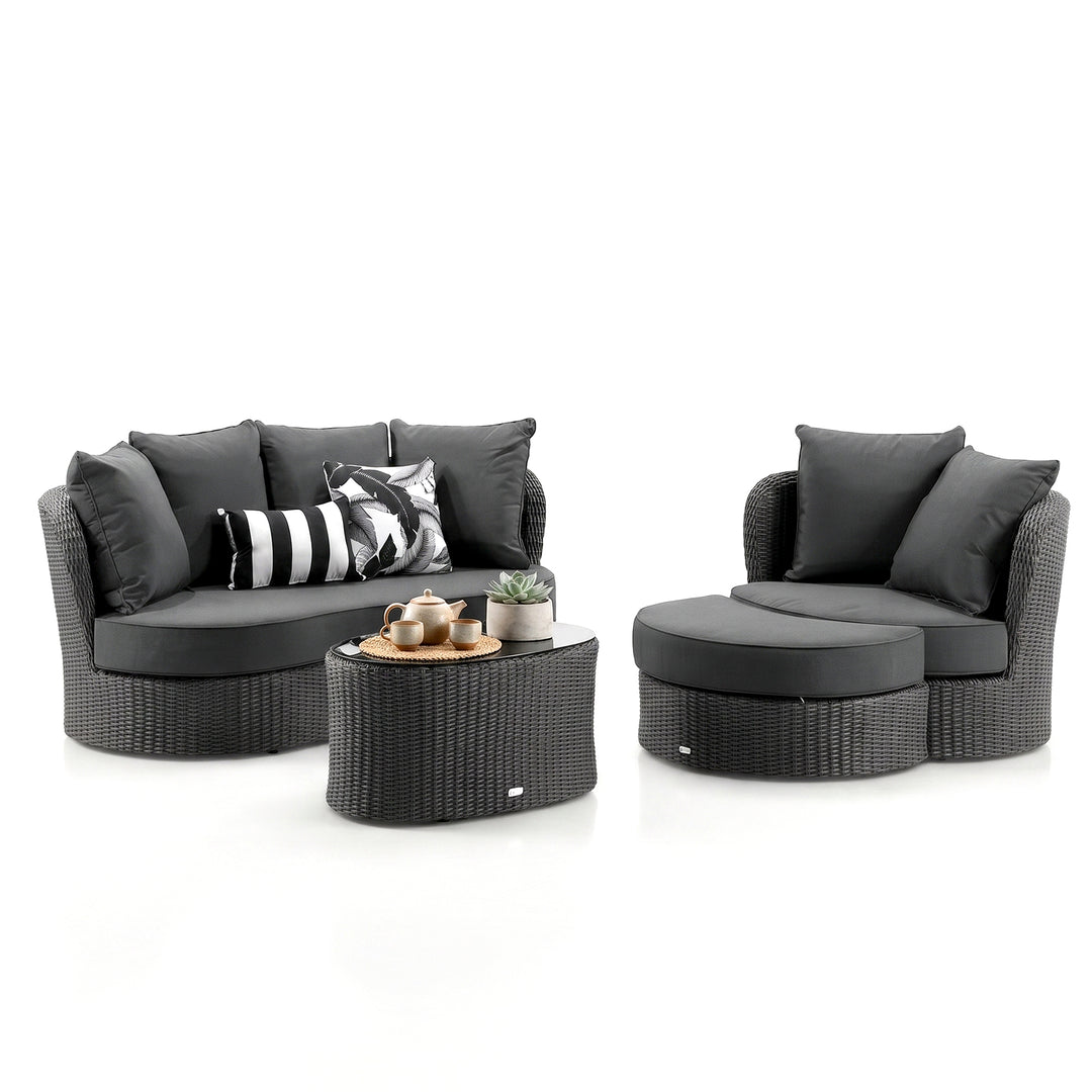 Comox Outdoor Garden Balcony Sofa Set 2 Seater, Single seater and 1 Center Table with Ottoman Set (Black)