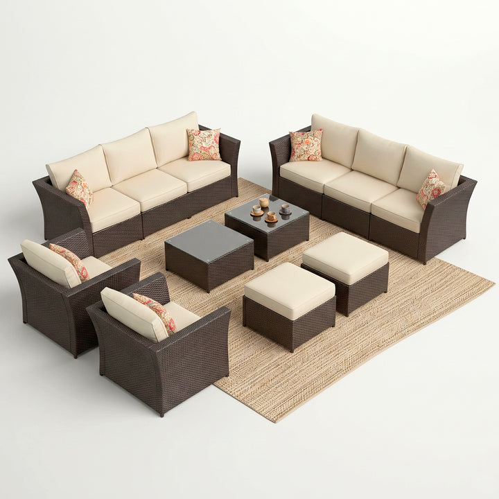Enorson Outdoor Garden Balcony Sofa Set 2 Three Seater, 2 Single Seater With 2 Ottoman and 2 Center Table Set (Brown)