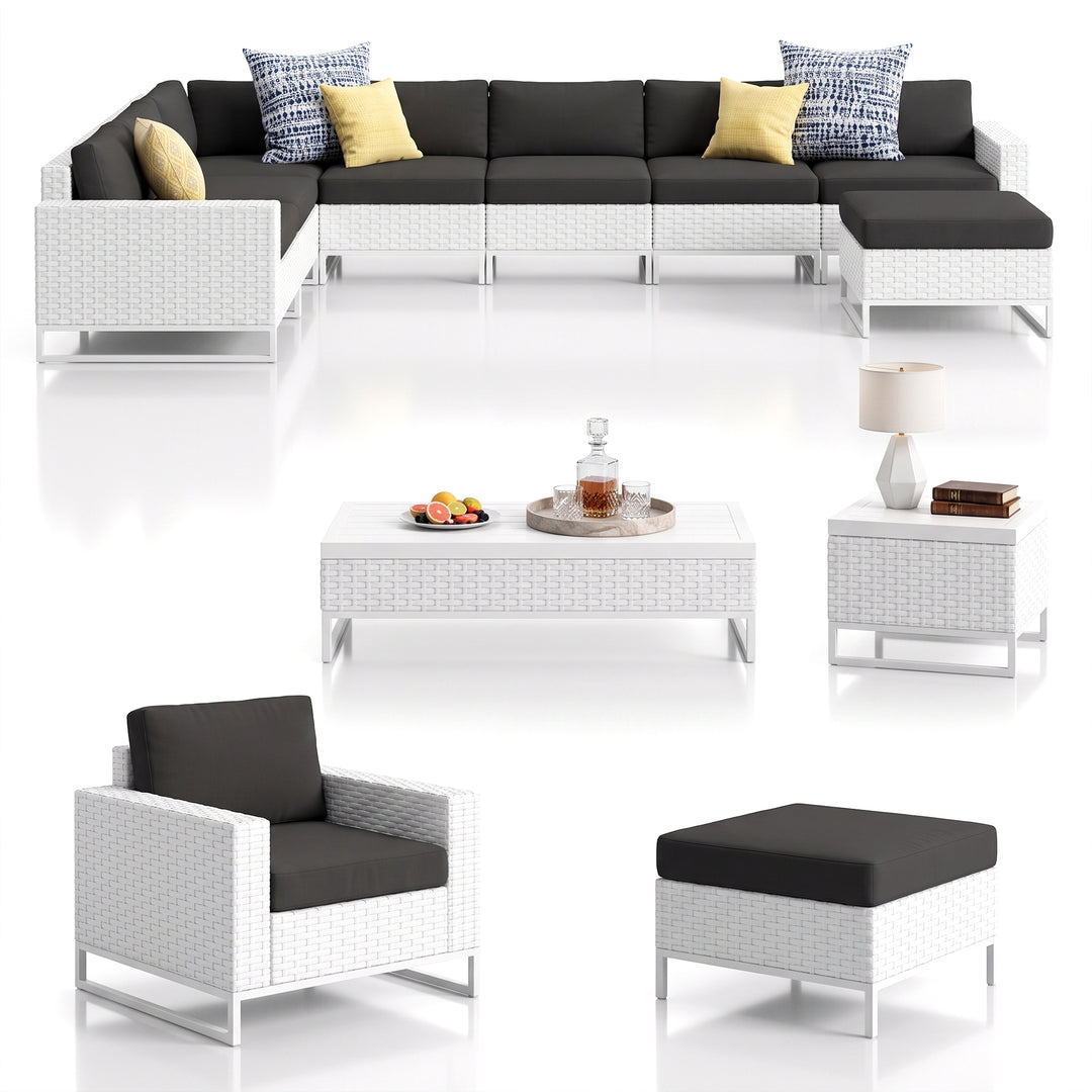 Angerona Outdoor Sofa Set 7 Seater, 2 Single seater and 1 Center Table, 1 Side Table With 2 Ottoman Set (White)