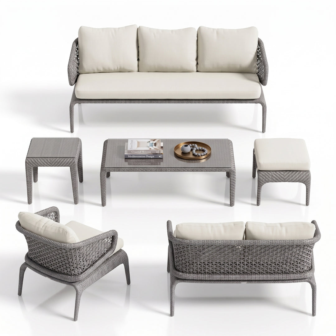Bart Outdoor Garden Balcony Sofa Set  3 Seater , 2 Seater ,2 Single Seater and 1 Center Table With 1 Side Table and 1 Ottoman Set (Grey)