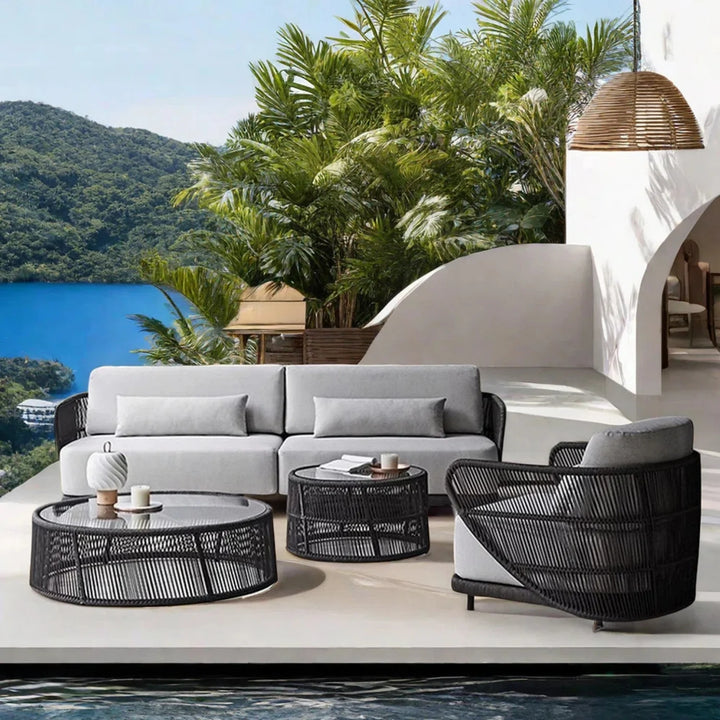 Zym Folk Outdoor Garden Balcony Sofa Set 3 Seater , 1 Single Seater 1 Center Table 1 Side Table Set (Grey) Braided and Rope