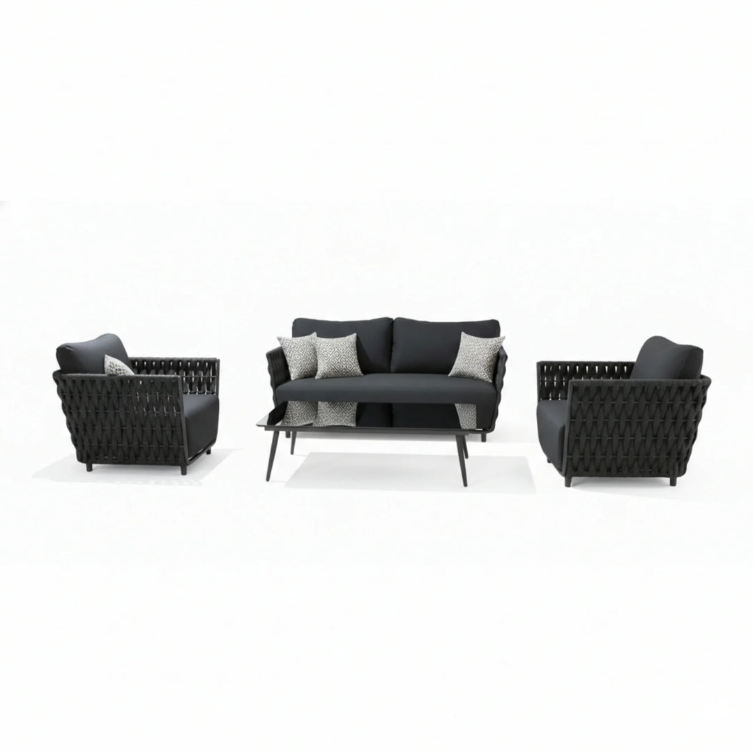 Vanyr Outdoor Garden Balcony Sofa Set 2 Seater , 2 Single Seater 1 Center Table Set (Black) Braided and Rope