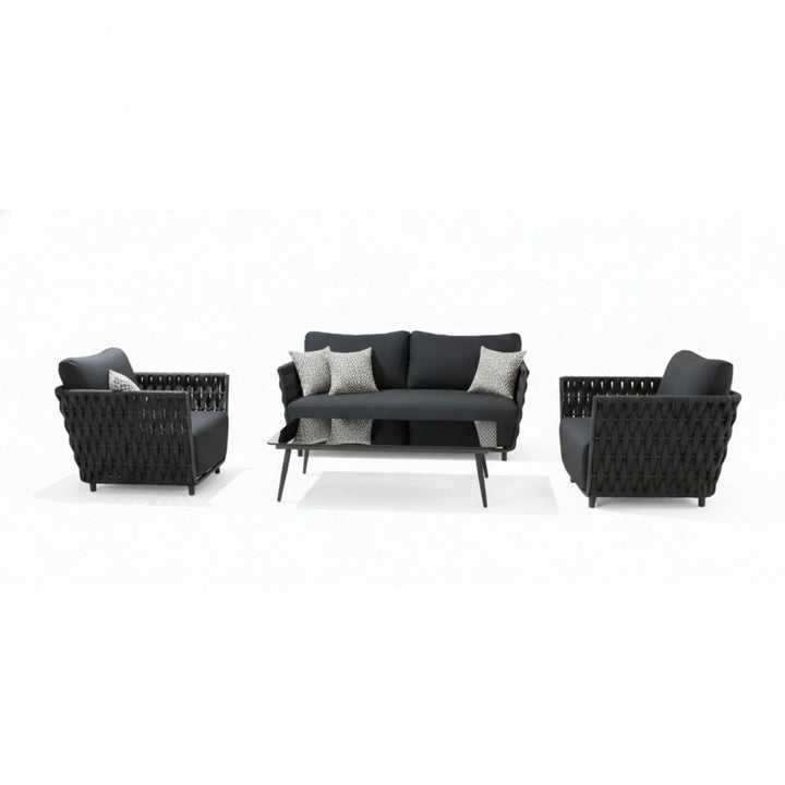 Vanyr Outdoor Garden Balcony Sofa Set 2 Seater , 2 Single Seater 1 Center Table Set (Black) Braided and Rope