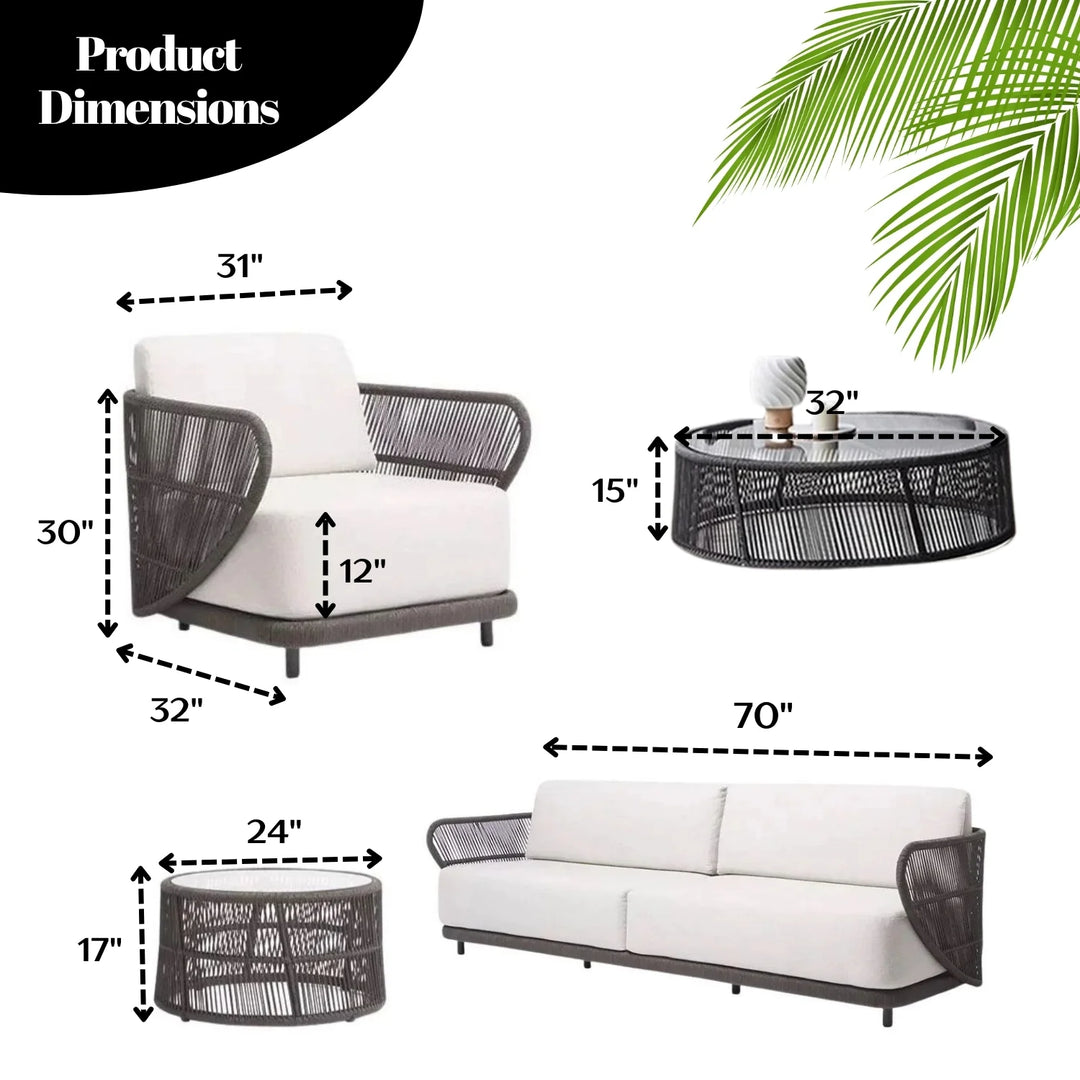 Zym Folk Outdoor Garden Balcony Sofa Set 3 Seater , 1 Single Seater 1 Center Table 1 Side Table Set (Grey) Braided and Rope