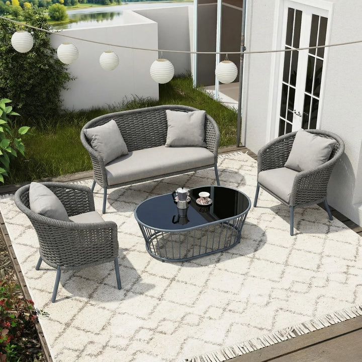 Eira Outdoor Garden Balcony Sofa Set 2 Seater , 2 Single Seater 1 Center Table Set (Black) Braided and Rope