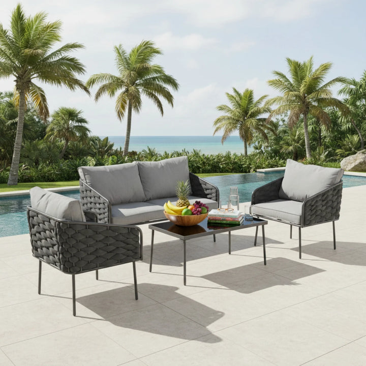 Mirra Outdoor Garden Balcony Sofa Set 2 Seater , 2 Single Seater 1 Center Table Set (Grey) Braided and Rope