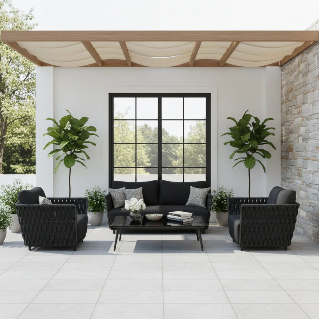 Vanyr Outdoor Garden Balcony Sofa Set 2 Seater , 2 Single Seater 1 Center Table Set (Black) Braided and Rope