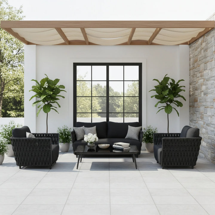 Vanyr Outdoor Garden Balcony Sofa Set 2 Seater , 2 Single Seater 1 Center Table Set (Black) Braided and Rope
