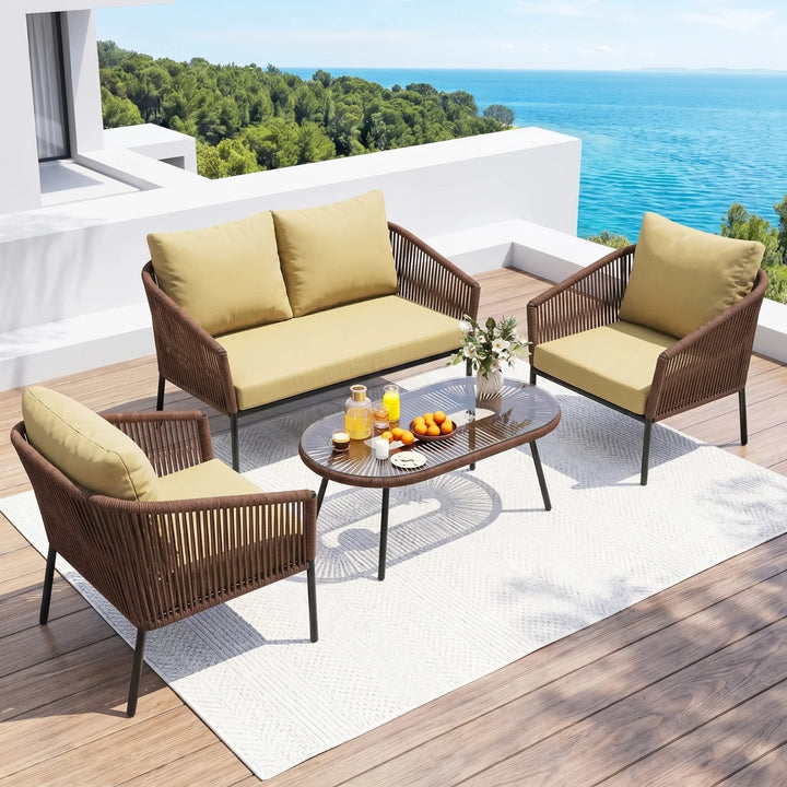 Puffen Outdoor Garden Balcony Sofa Set 2 Seater , 2 Single Seater 1 Center Table Set Braided and Rope