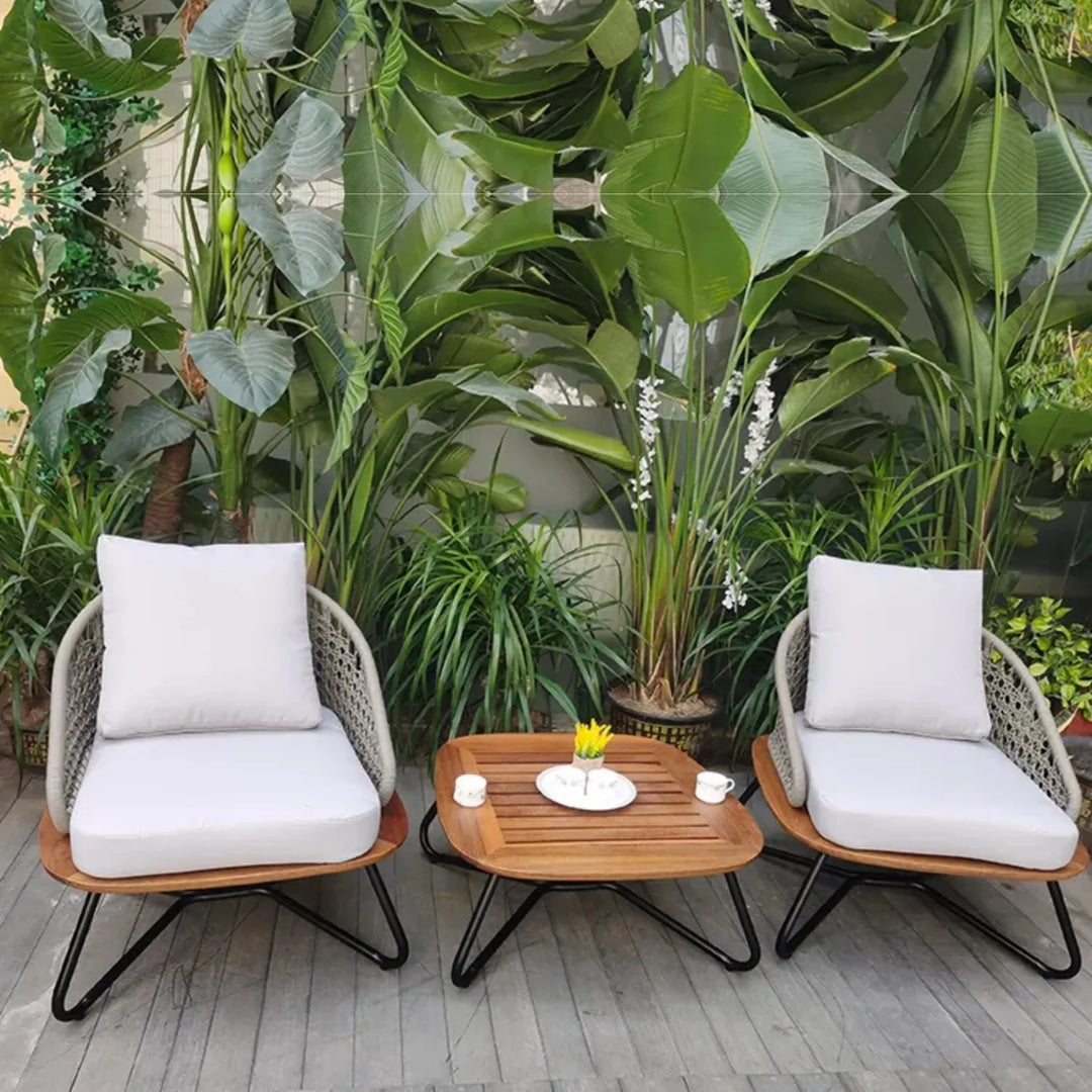 Noa Outdoor Patio Seating Set 2 Chairs and 1 Table Set (White) Braided And Rope