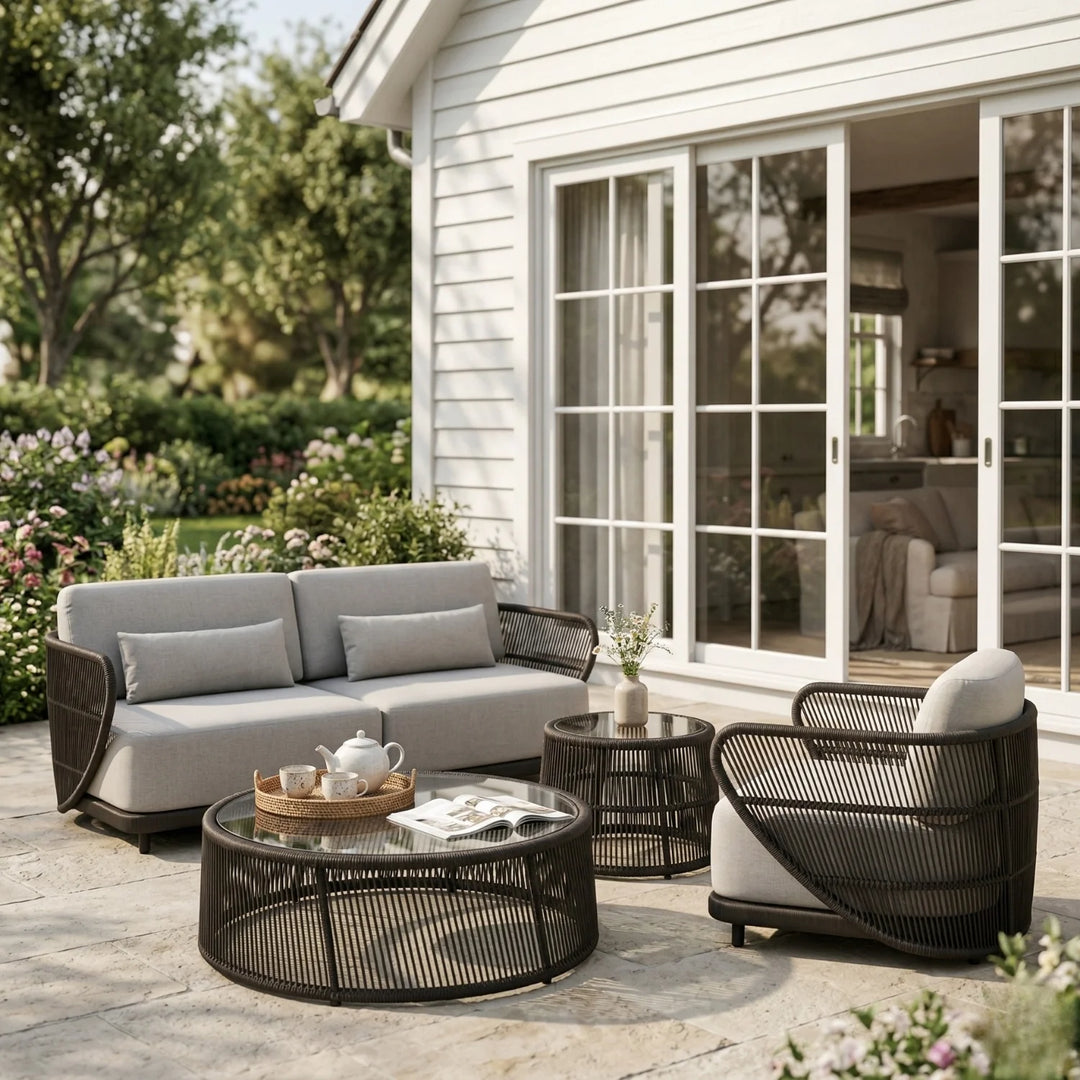 Zym Folk Outdoor Garden Balcony Sofa Set 3 Seater , 1 Single Seater 1 Center Table 1 Side Table Set (Grey) Braided and Rope