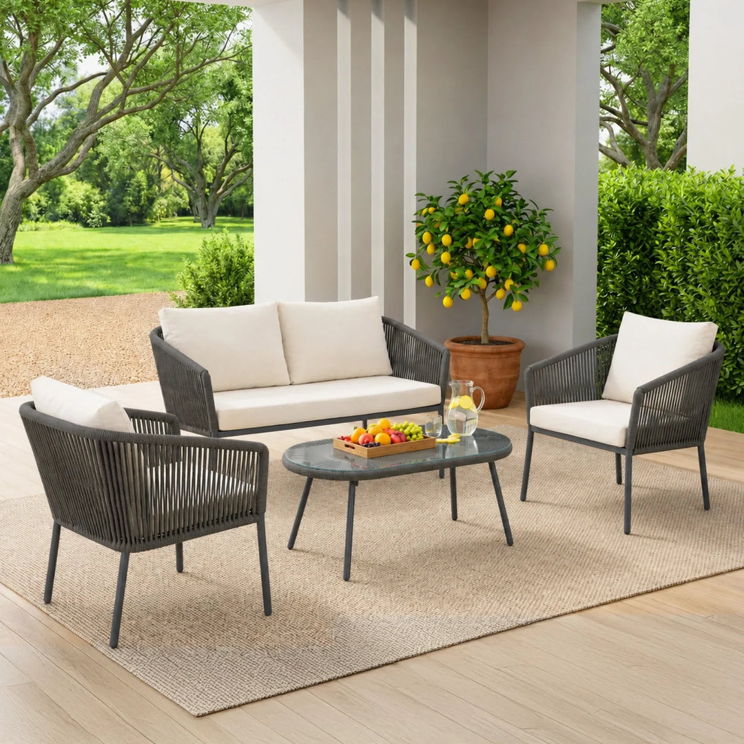 Puffen Outdoor Garden Balcony Sofa Set 2 Seater , 2 Single Seater 1 Center Table Set Braided and Rope