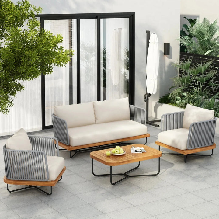 Eros Outdoor Garden Balcony Sofa Set 2 Seater , 2 Single Seater 1 Center Table Set Braided and Rope