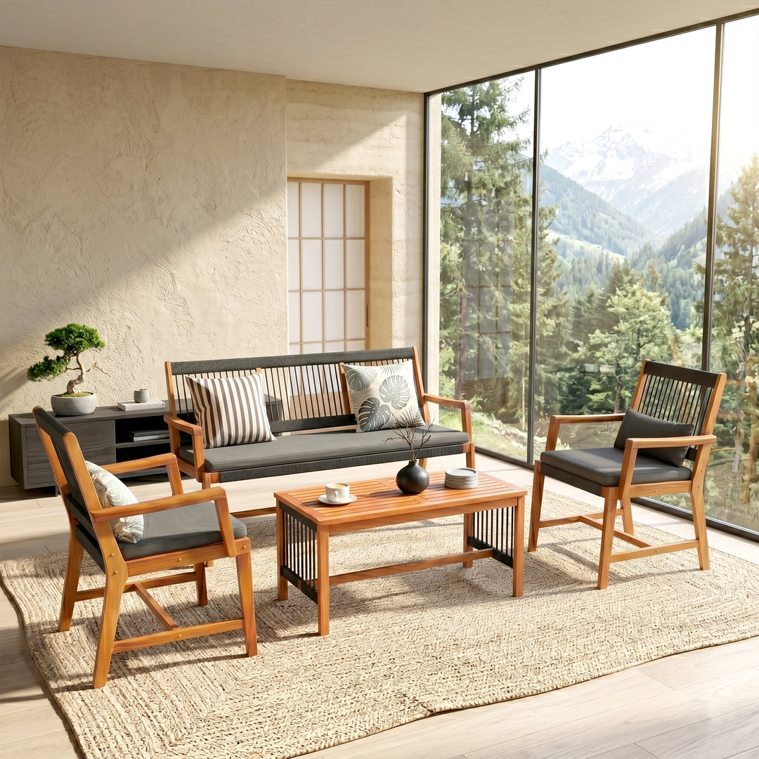 Folk Outdoor Garden Balcony Sofa Set 2 Seater , 2 Single Seater 1 Center Table Set (Black) Braided and Rope