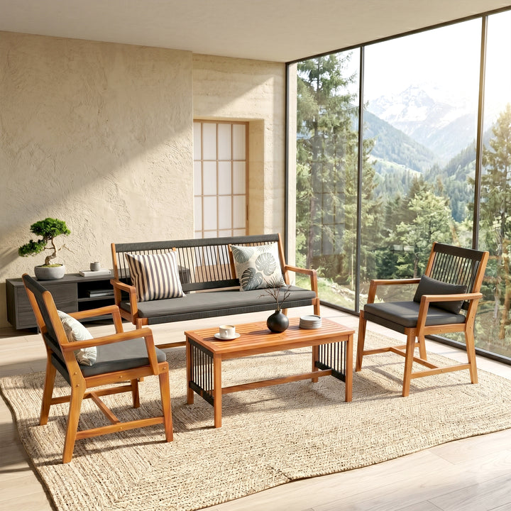 Folk Outdoor Garden Balcony Sofa Set 2 Seater , 2 Single Seater 1 Center Table Set (Black) Braided and Rope