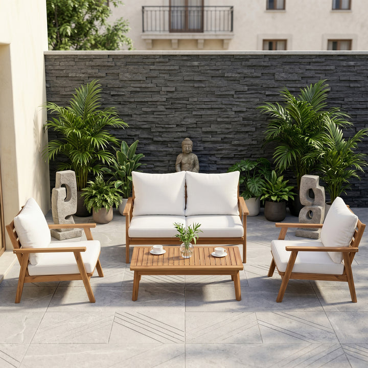 Terra Outdoor Garden Balcony Sofa Set 2 Seater , 2 Single Seater 1 Center Table Set (White) Teak Wood and Braided & Rope