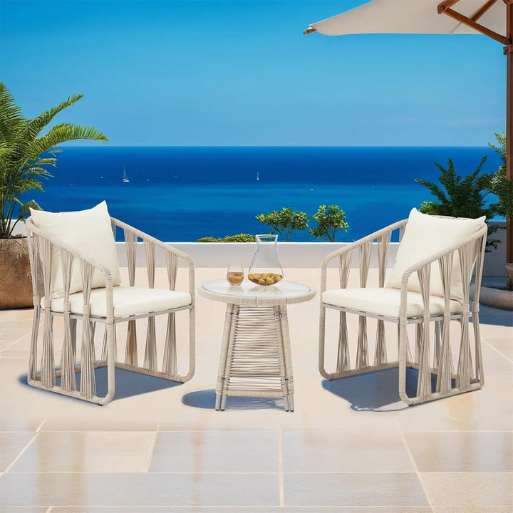 Varqo Outdoor Patio Seating Set 2 Chairs and 1 Table Set Braided & Rope