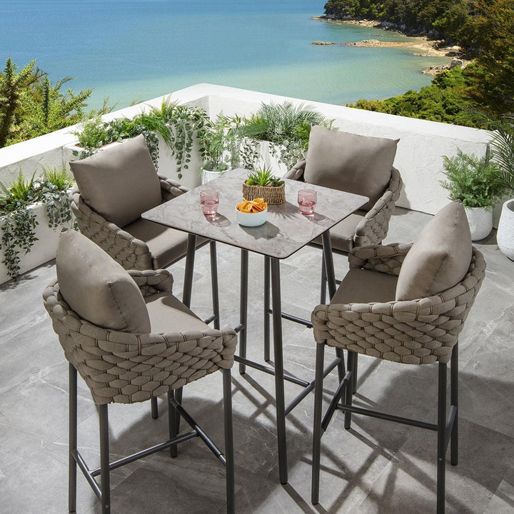 Pico Outdoor Patio Bar Set 4 Chairs and 1 Table Set (Black) Braided & Rope