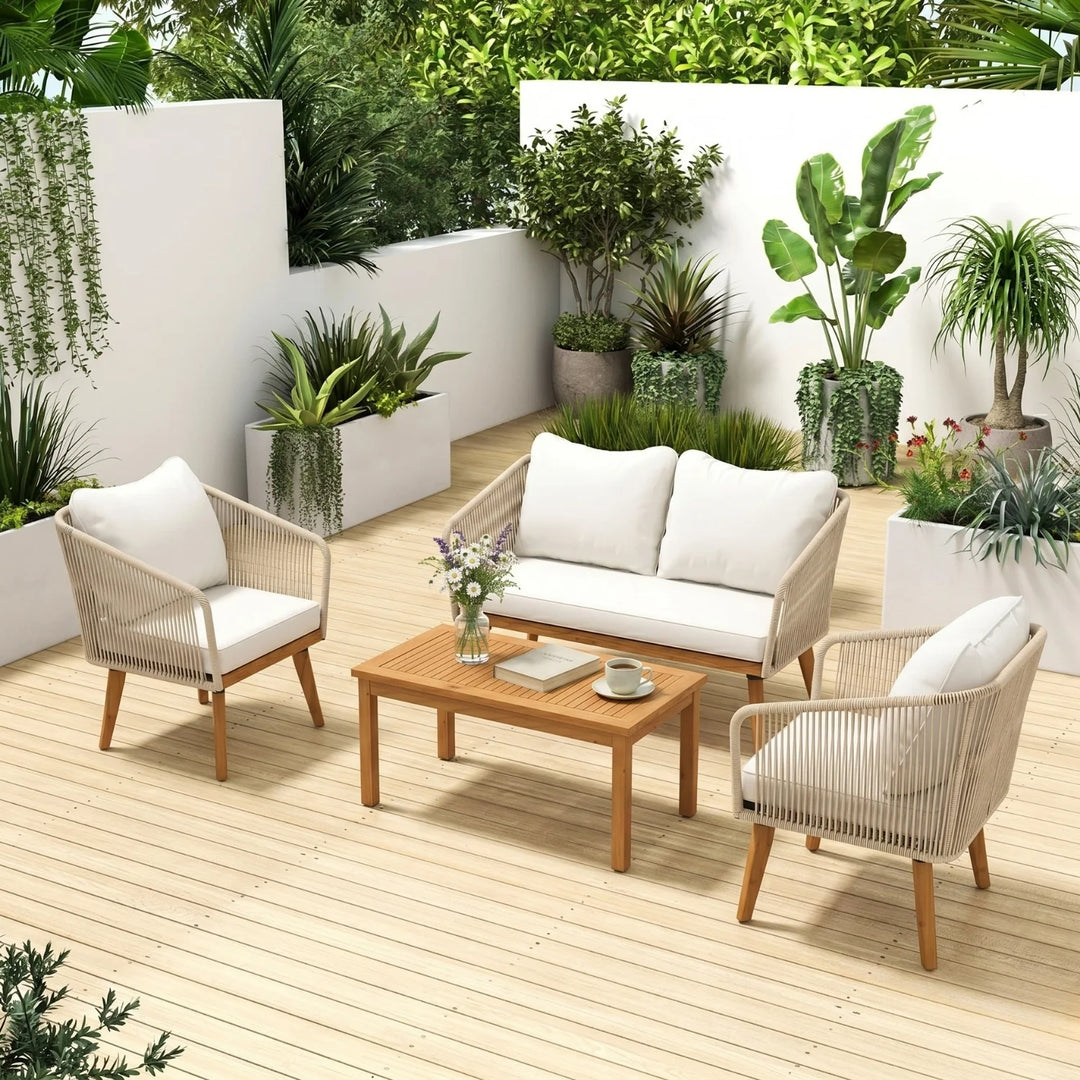 Eolia Outdoor Garden Balcony Sofa Set 2 Seater , 2 Single Seater 1 Center Table Set (Cream) Teak Wood and Braided & Rope