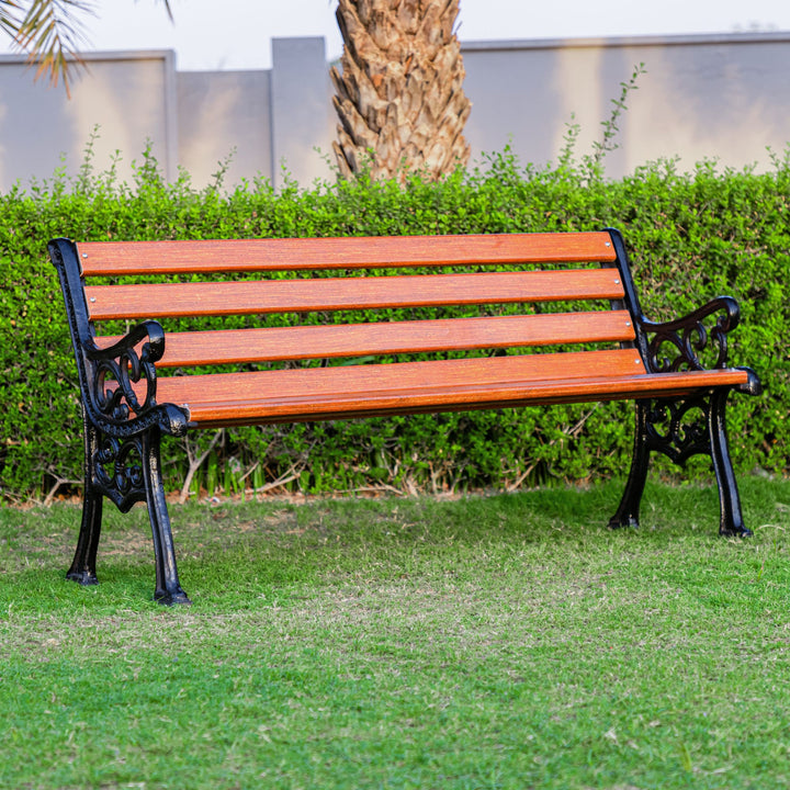 Lynn Cast Iron 3 Seater FRP Garden Bench for Outdoor Park - (Black+ Wooden Texture)