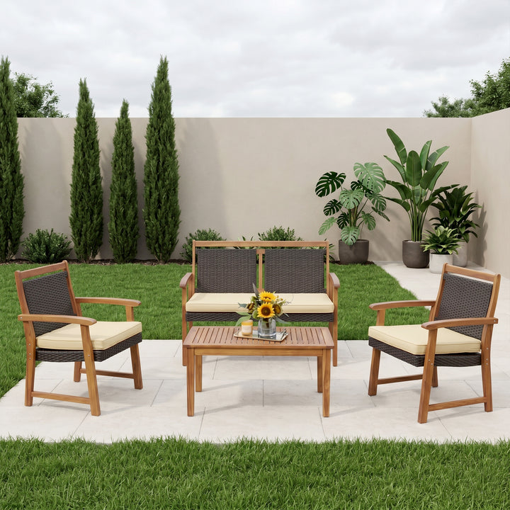 Zyan Outdoor Garden Balcony Sofa Set 2 Seater , 2 Single Seater 1 Center Table Set (Brown) Braided and Rope