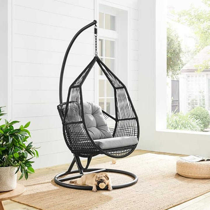 Eloisa Single Seater Hanging Swing With Stand For Balcony , Garden (Black) Braided & Rope (Copy)